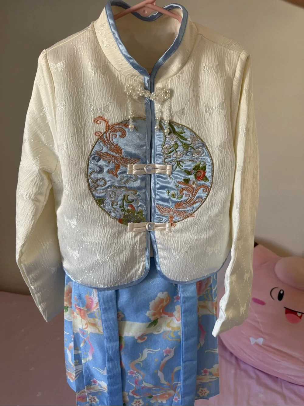 Embroidered Two-Piece Asian-Inspired Jacket & Skirt Set in Ivory and Light Blue